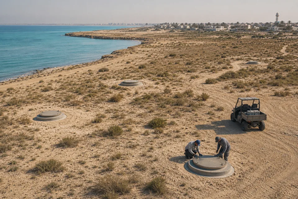 Four separated low-profile access points distributed across a fictional coastal field.