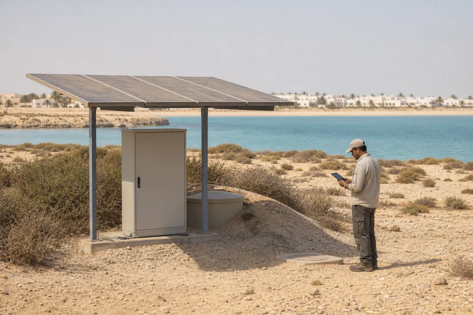 A compact solar canopy and sealed support equipment beside a low-profile coastal water node.