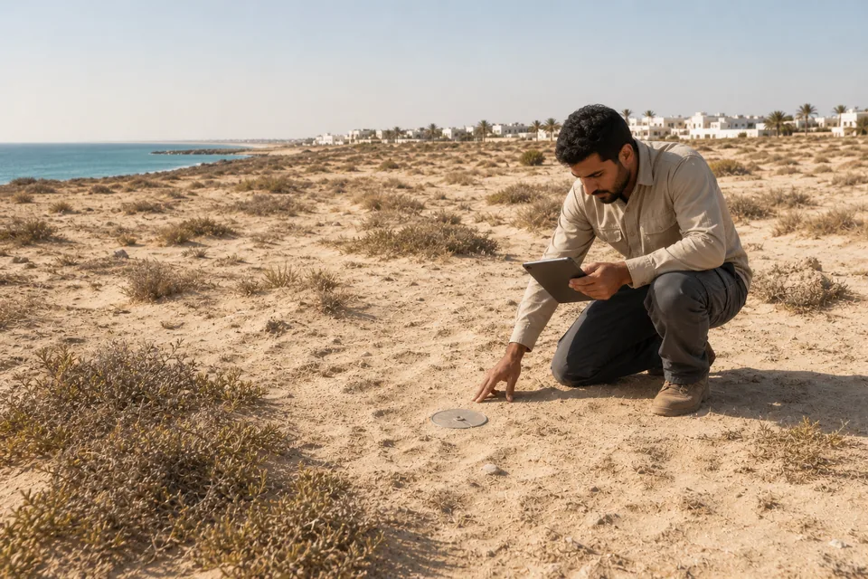 A field technician inspecting a discreet nearly flush access point in restored coastal terrain.