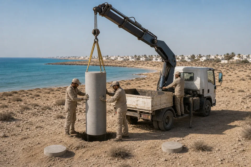 A compact crew adding one sealed cylindrical module to a fictional coastal network.