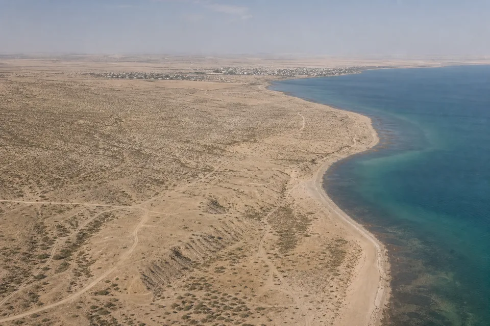 A wide aerial survey view of a fictional arid coastline with no obvious central plant.