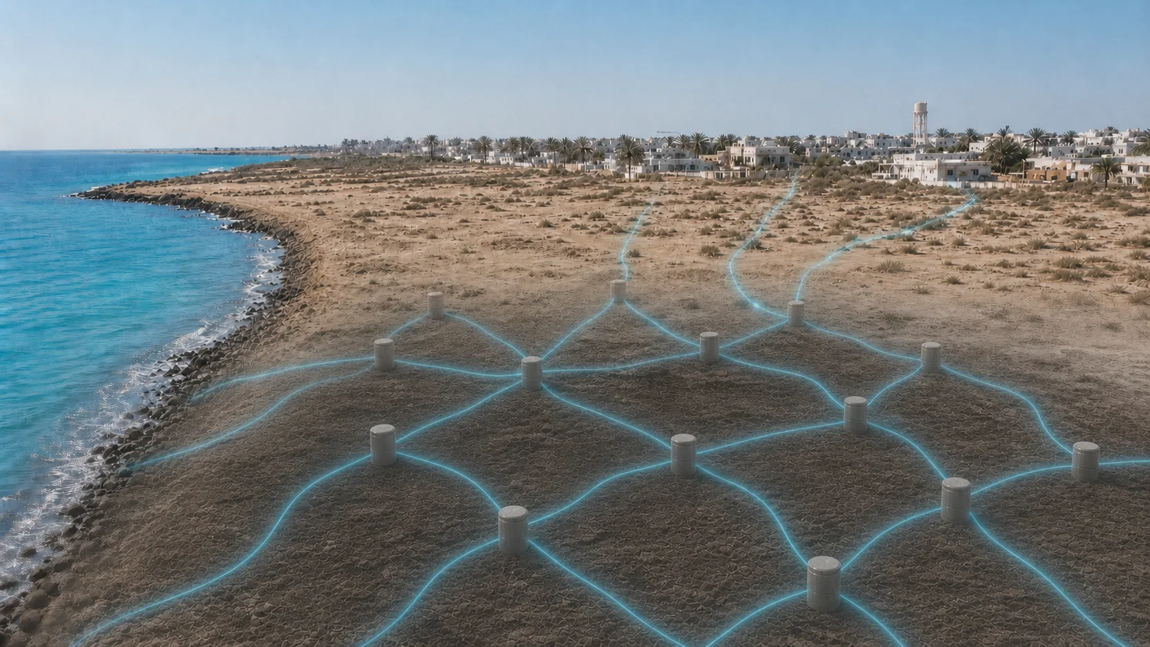 A photoreal concept cutaway showing water moving through a distributed underground mesh network.