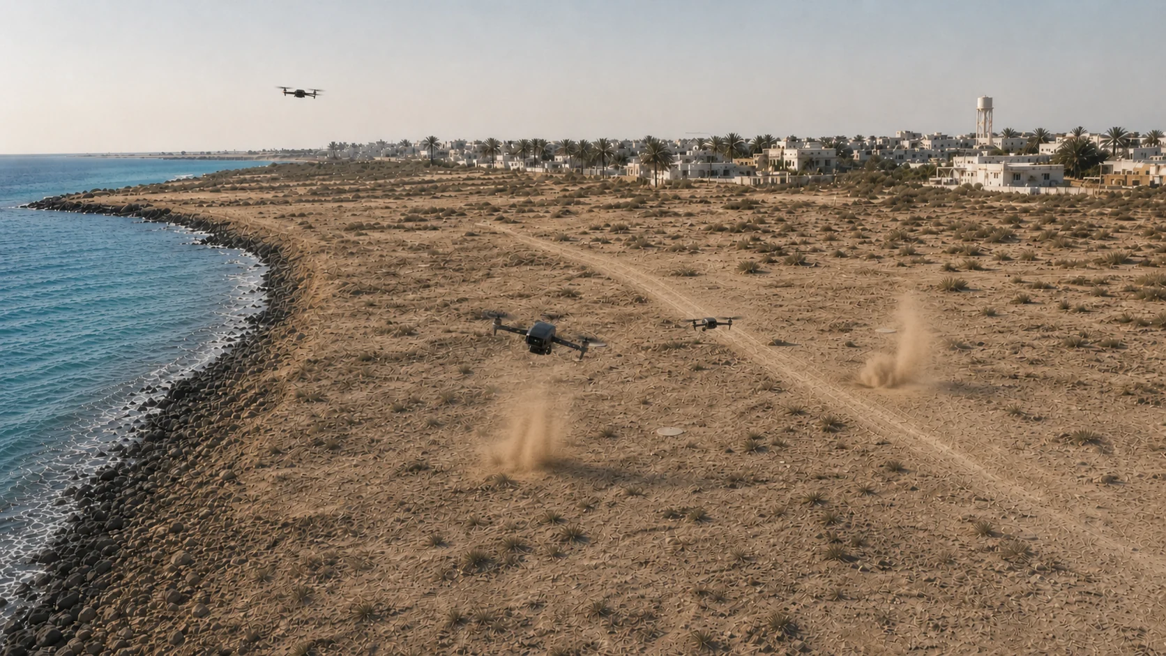 Unmarked drones crossing an ambiguous coastal field during localized impacts.