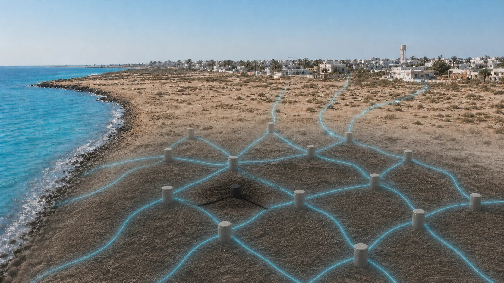 Photorealistic concept of a redundant underground water mesh continuing to supply a settlement around one isolated node.